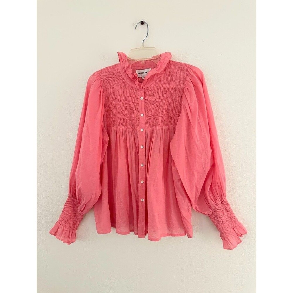 Antik Batik Anahi Cotton Blouse Pink Puff Sleeve Smocked Cottagecore Women Large